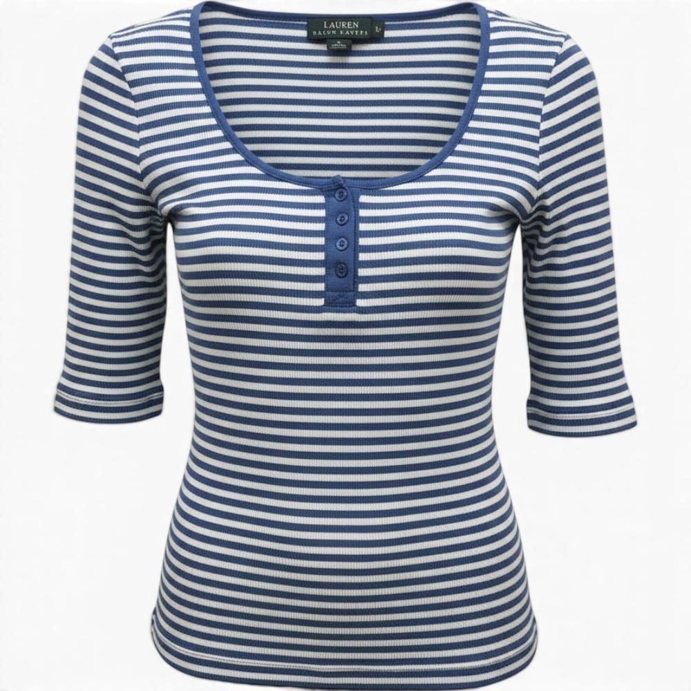 Lauren Ralph Lauren Blue White Striped Ribbed Hook Eye Henley Top Large